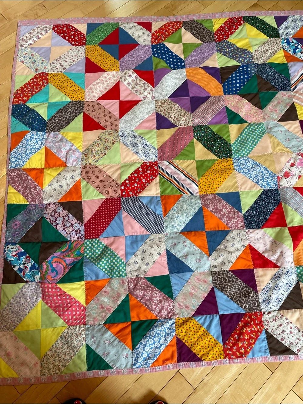 70’s Handmade Machine Zig Zag Stitch Multi Colored Patchwork Throw Lap Quilt